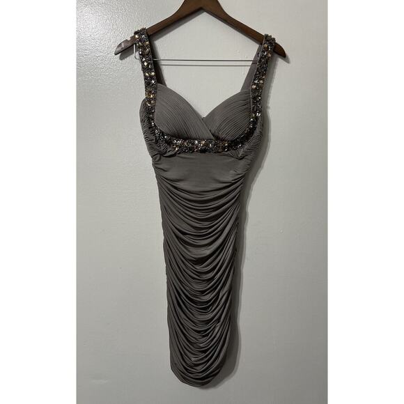 Cache Women Gray Ruche Sweetheart Neckline beaded Bodycon Dress Sz 2 Cocktail - Picture 6 of 15